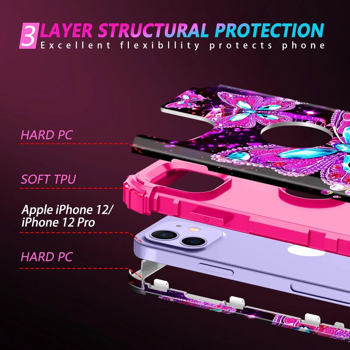iPhone 16 Pro Case Glow Dark Three Layer Heavy Duty Shockproof Protection Hard Plastic Bumper Soft Silicone Case