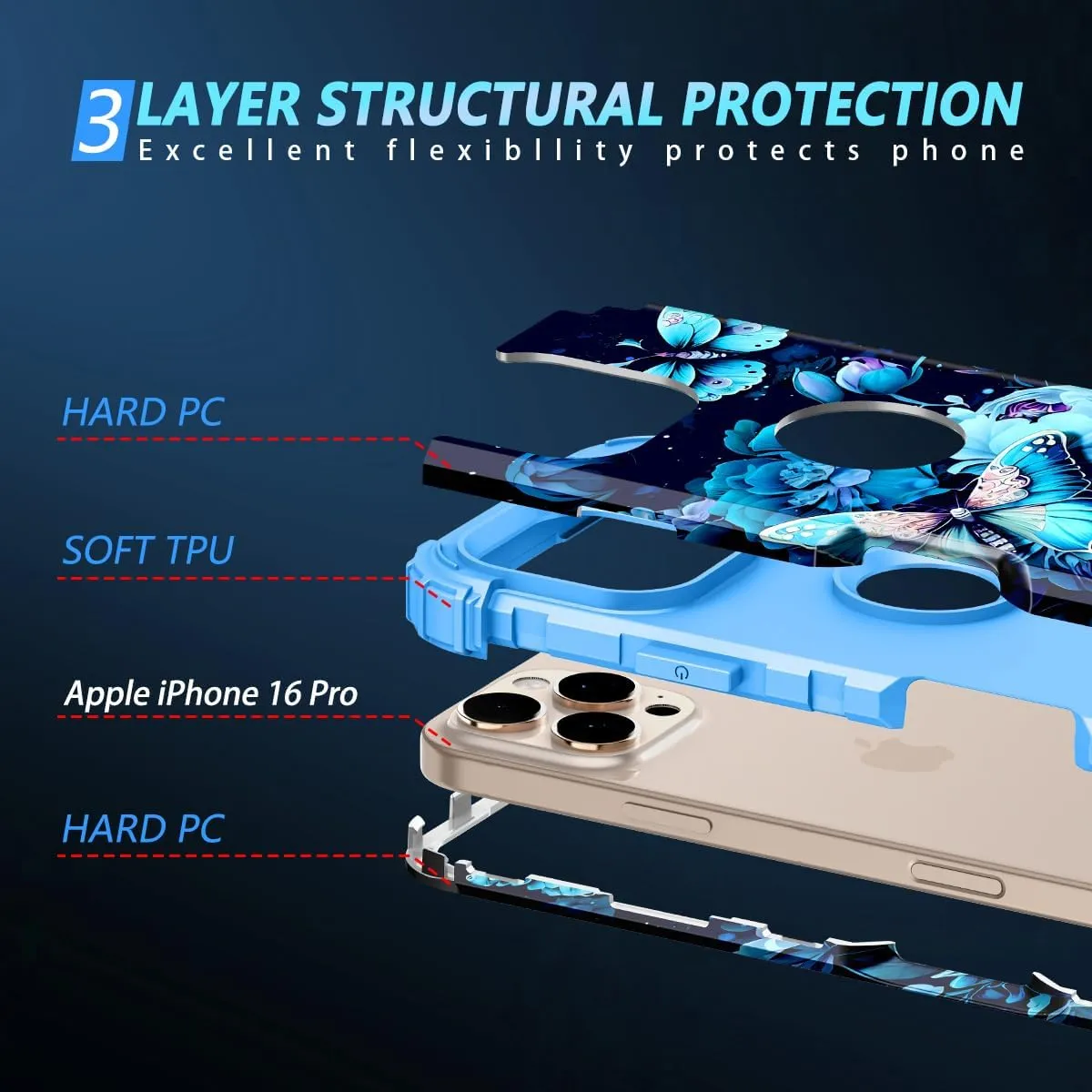 iPhone 16 Pro Case Glow Dark Three Layer Heavy Duty Shockproof Protection Hard Plastic Bumper Soft Silicone Case