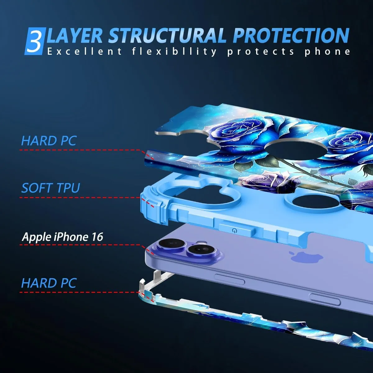 iPhone 16 Pro Case Glow Dark Three Layer Heavy Duty Shockproof Protection Hard Plastic Bumper Soft Silicone Case
