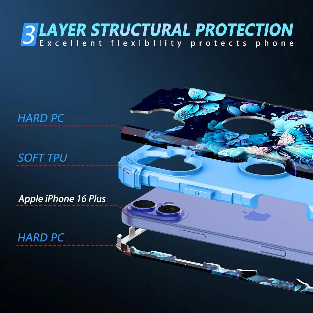 iPhone 16 Pro Case Glow Dark Three Layer Heavy Duty Shockproof Protection Hard Plastic Bumper Soft Silicone Case