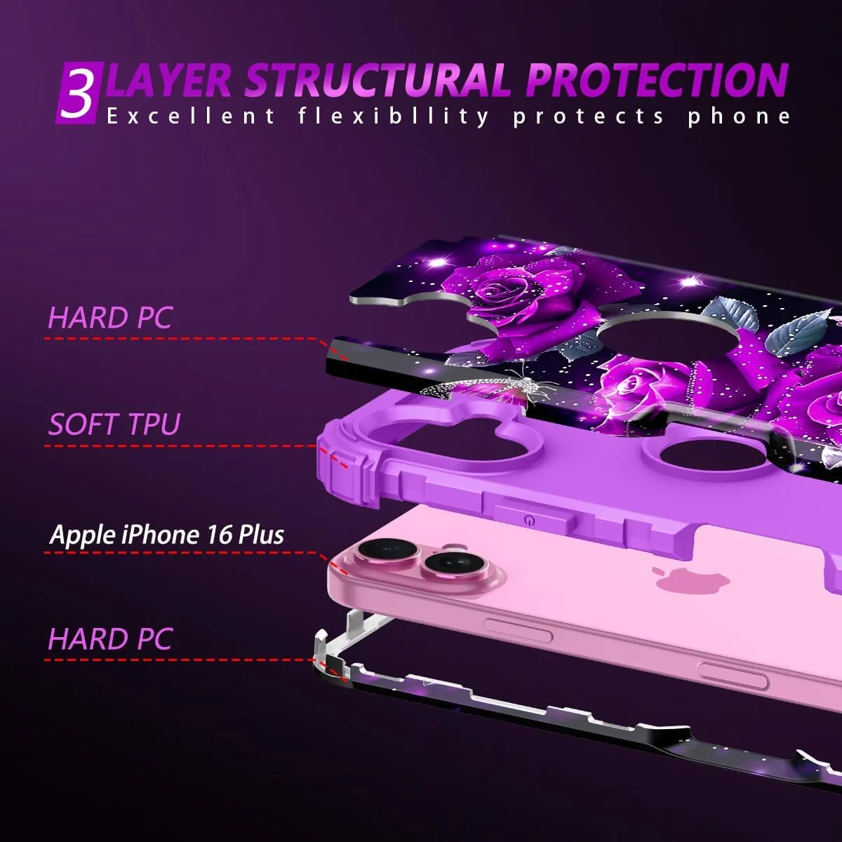 iPhone 16 Pro Case Glow Dark Three Layer Heavy Duty Shockproof Protection Hard Plastic Bumper Soft Silicone Case