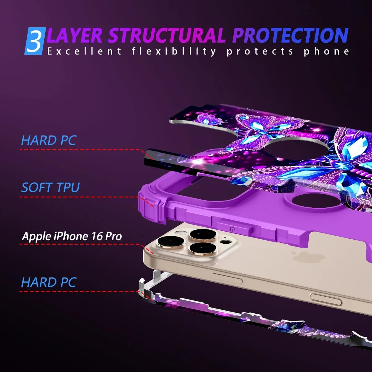 iPhone 16 Pro Case Glow Dark Three Layer Heavy Duty Shockproof Protection Hard Plastic Bumper Soft Silicone Case