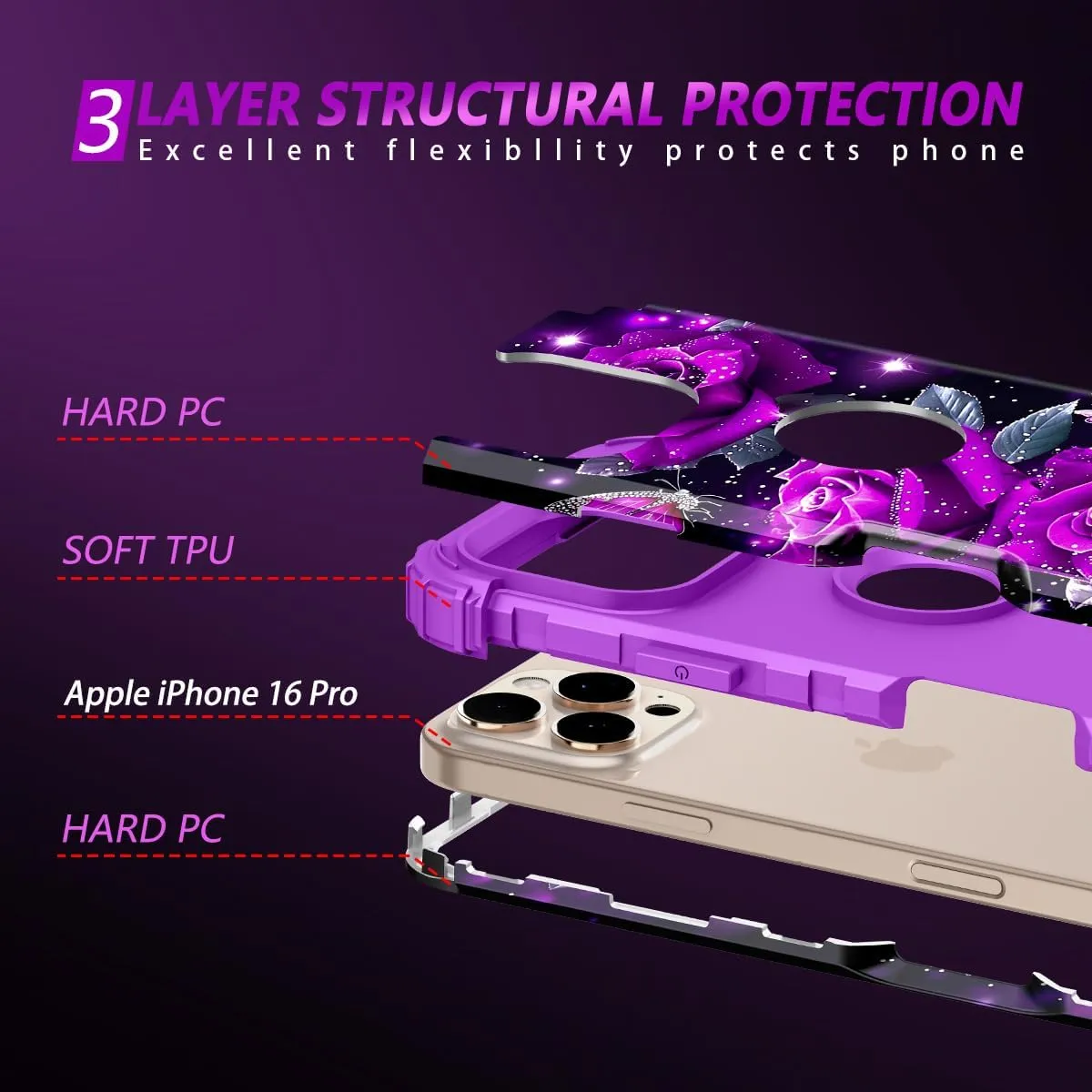 iPhone 16 Pro Case Glow Dark Three Layer Heavy Duty Shockproof Protection Hard Plastic Bumper Soft Silicone Case