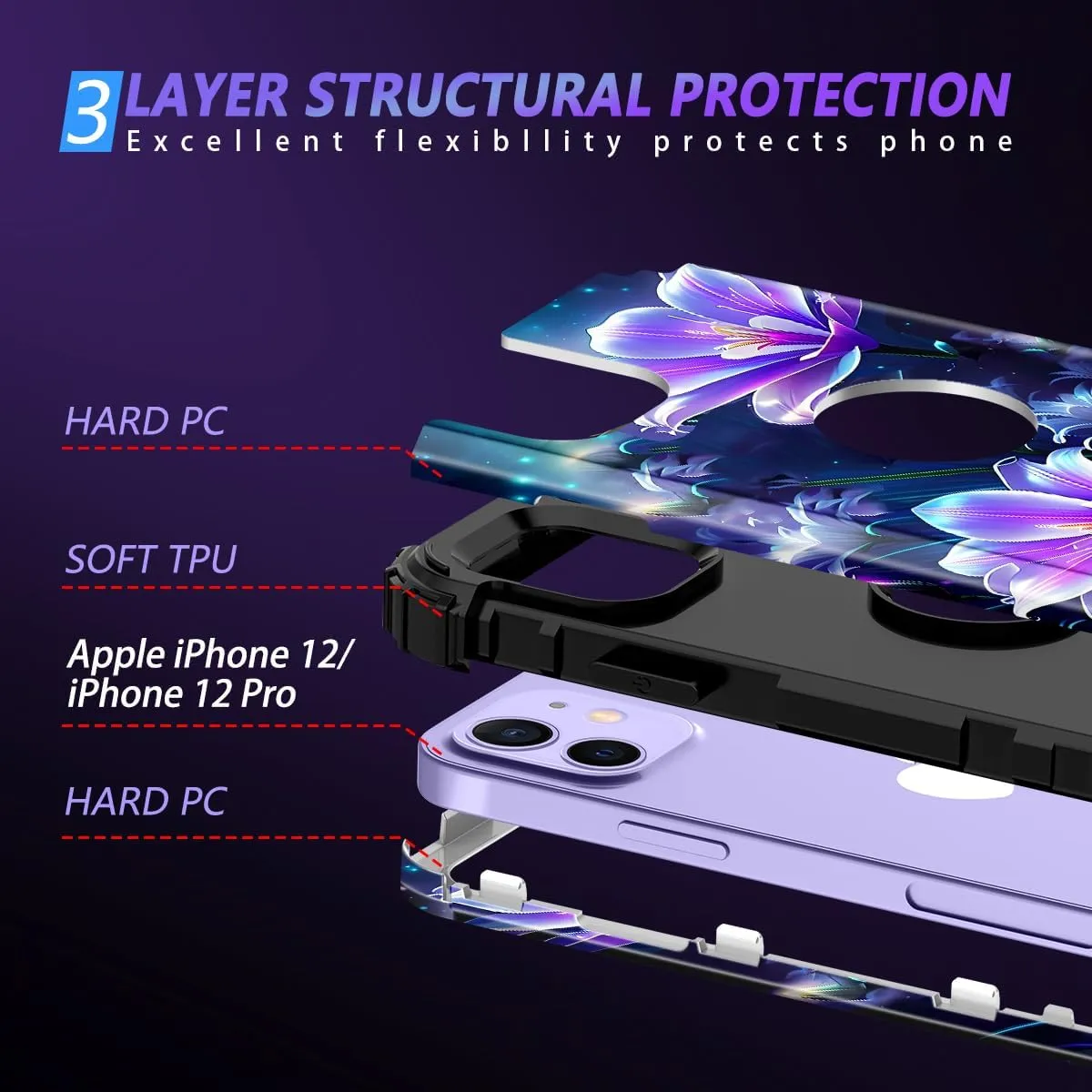 iPhone 16 Pro Case Glow Dark Three Layer Heavy Duty Shockproof Protection Hard Plastic Bumper Soft Silicone Case