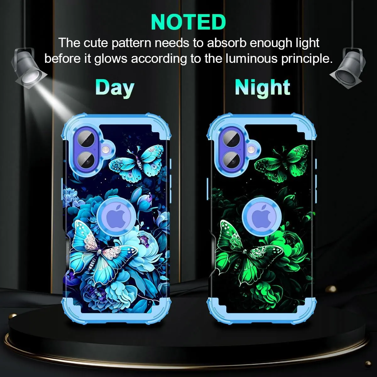 iPhone 16 Pro Case Glow Dark Three Layer Heavy Duty Shockproof Protection Hard Plastic Bumper Soft Silicone Case