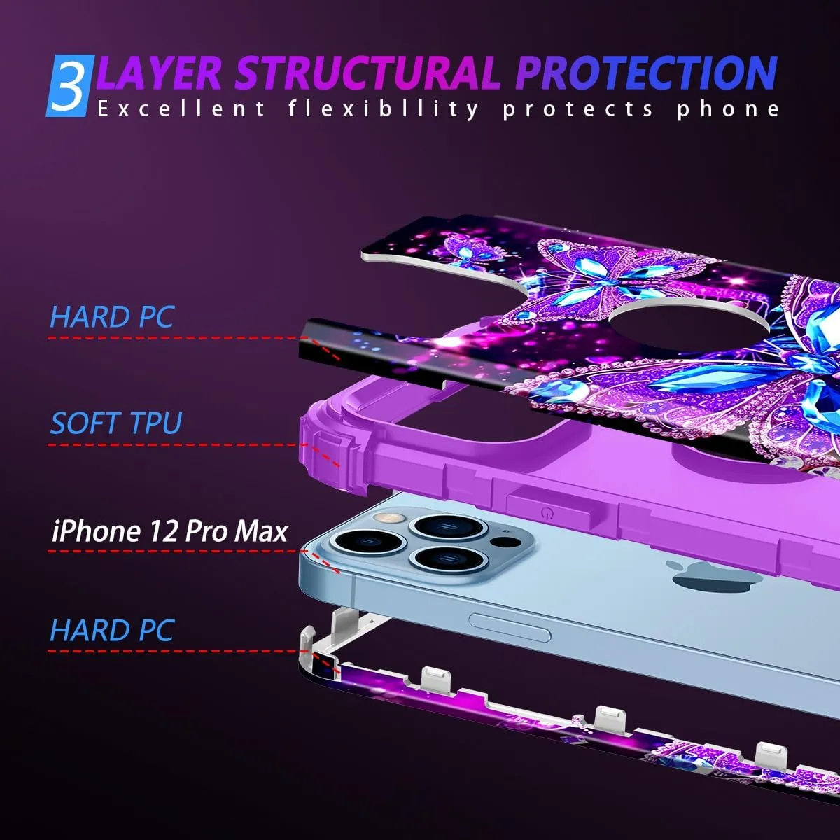 iPhone 16 Pro Case Glow Dark Three Layer Heavy Duty Shockproof Protection Hard Plastic Bumper Soft Silicone Case