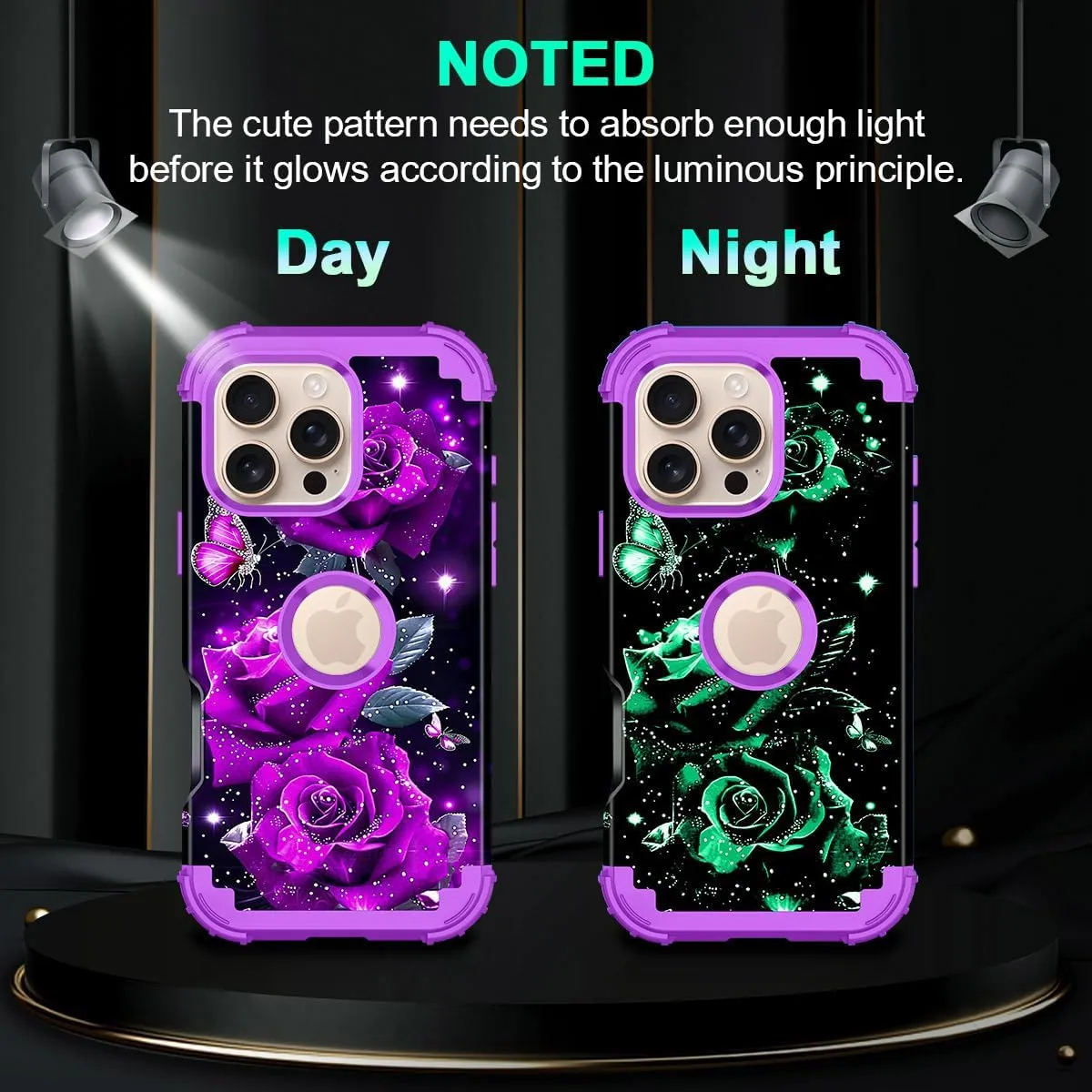 iPhone 16 Pro Case Glow Dark Three Layer Heavy Duty Shockproof Protection Hard Plastic Bumper Soft Silicone Case