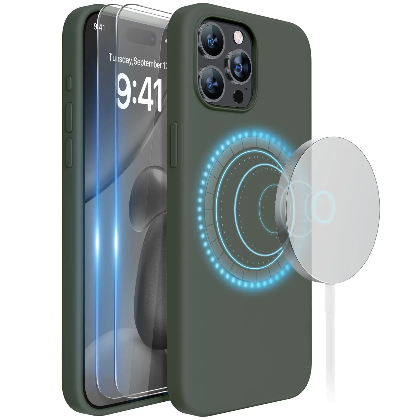 Miracase Designed for iPhone 15 Pro Max Case,[Compatible with MagSafe], [with 2 Pack Screen Protectors],Shockproof Liquid Silicone Professional Case with Microfiber Lining,6.7 inch