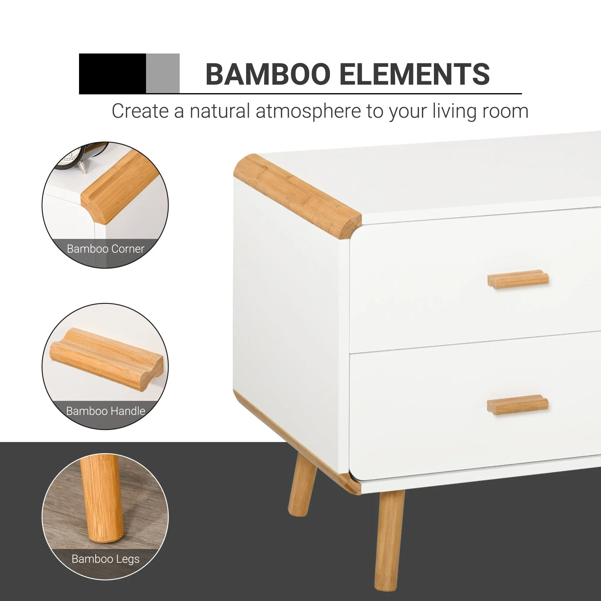 Modern TV Stand for TVs up to 45'' Flat Screen with Bamboo Legs, TV Console Cabinet with Drawers and Cupboard, Cable Hole, Home Entertainment Center, Living Room Bedroom and Office, White Center