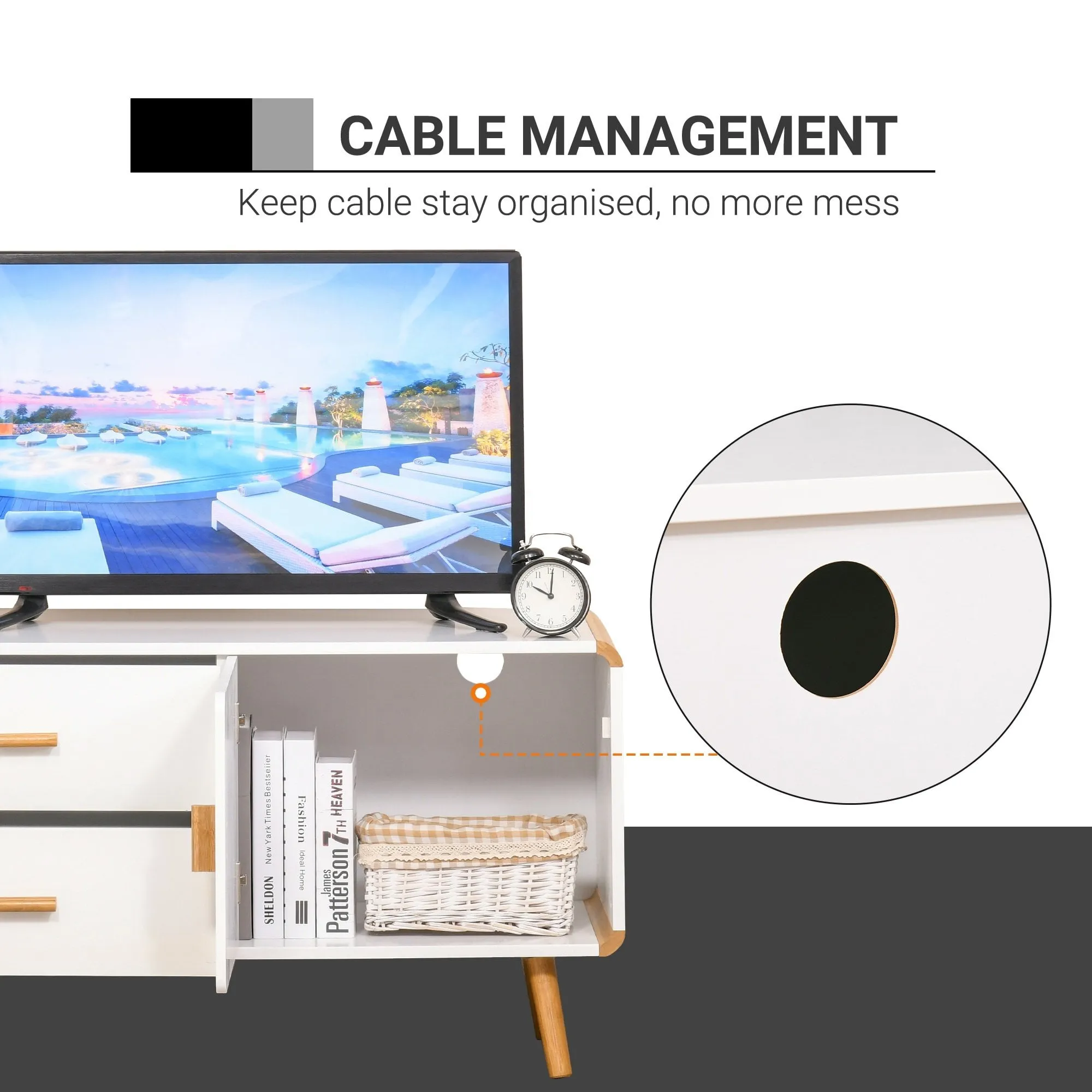 Modern TV Stand for TVs up to 45'' Flat Screen with Bamboo Legs, TV Console Cabinet with Drawers and Cupboard, Cable Hole, Home Entertainment Center, Living Room Bedroom and Office, White Center