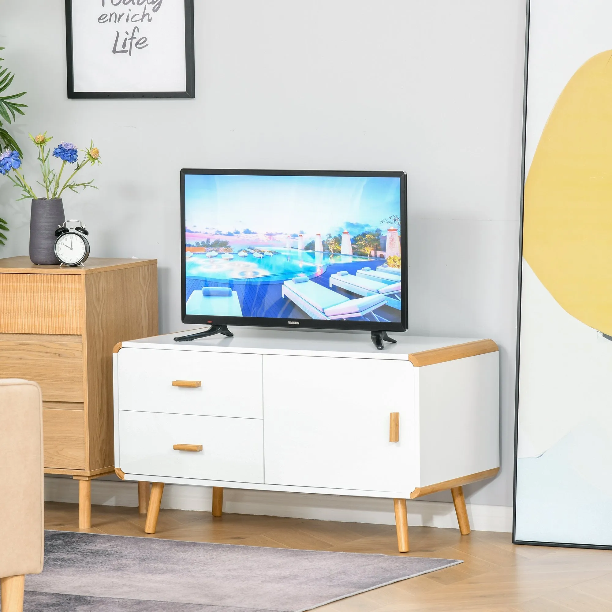 Modern TV Stand for TVs up to 45'' Flat Screen with Bamboo Legs, TV Console Cabinet with Drawers and Cupboard, Cable Hole, Home Entertainment Center, Living Room Bedroom and Office, White Center