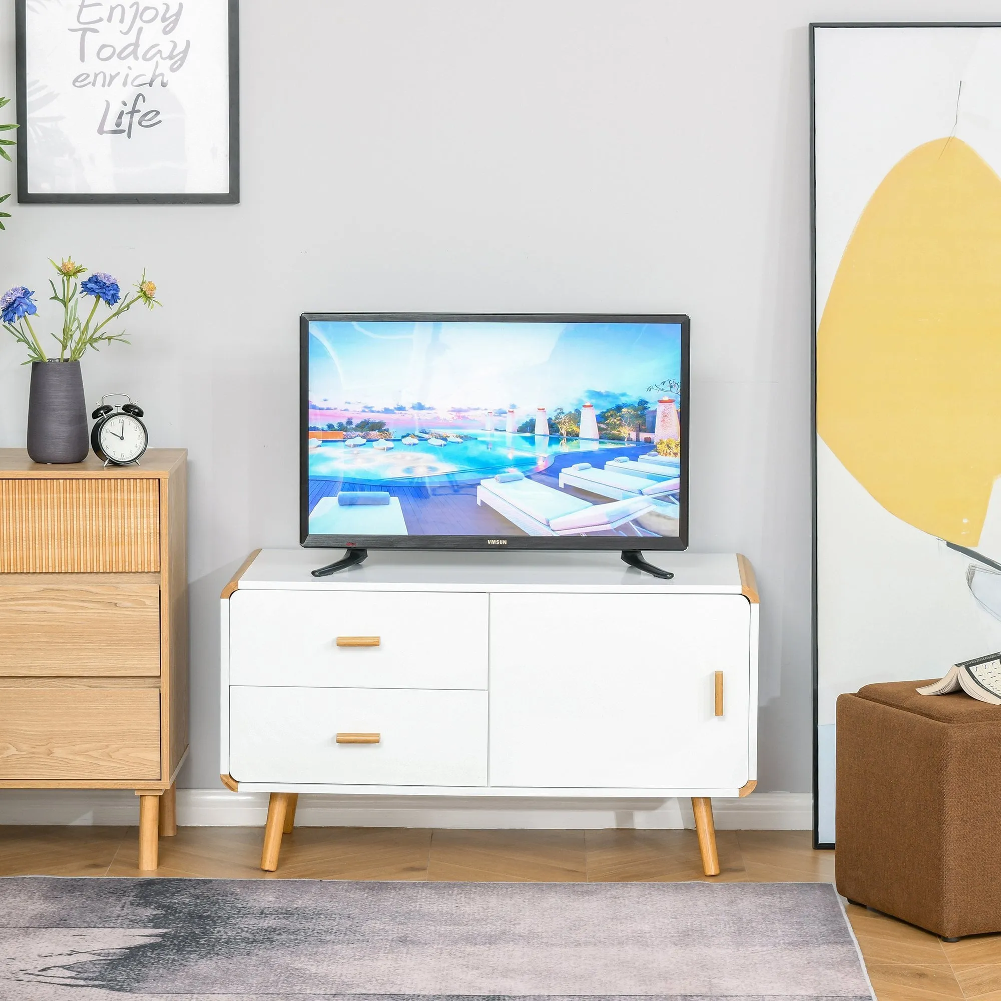 Modern TV Stand for TVs up to 45'' Flat Screen with Bamboo Legs, TV Console Cabinet with Drawers and Cupboard, Cable Hole, Home Entertainment Center, Living Room Bedroom and Office, White Center