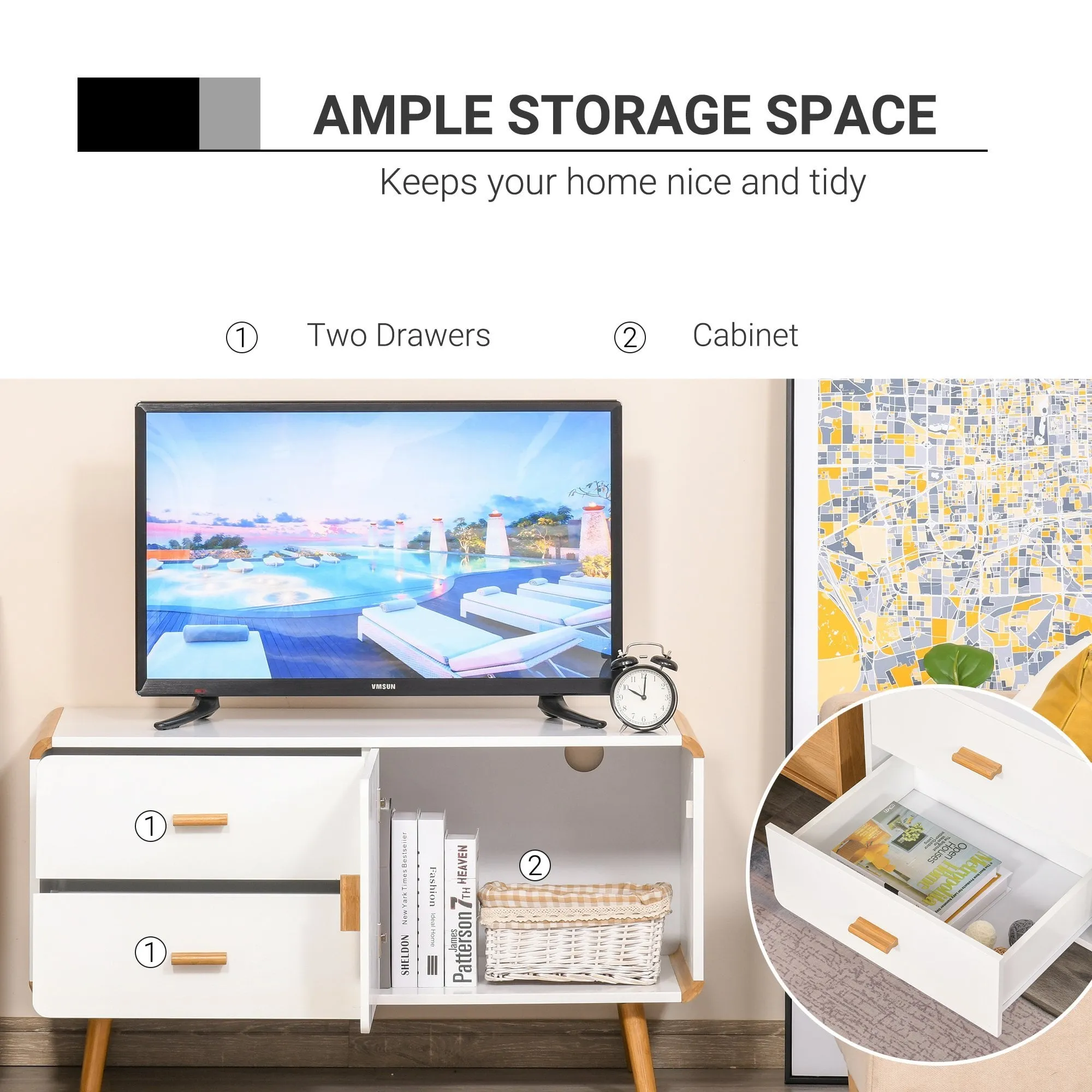 Modern TV Stand for TVs up to 45'' Flat Screen with Bamboo Legs, TV Console Cabinet with Drawers and Cupboard, Cable Hole, Home Entertainment Center, Living Room Bedroom and Office, White Center