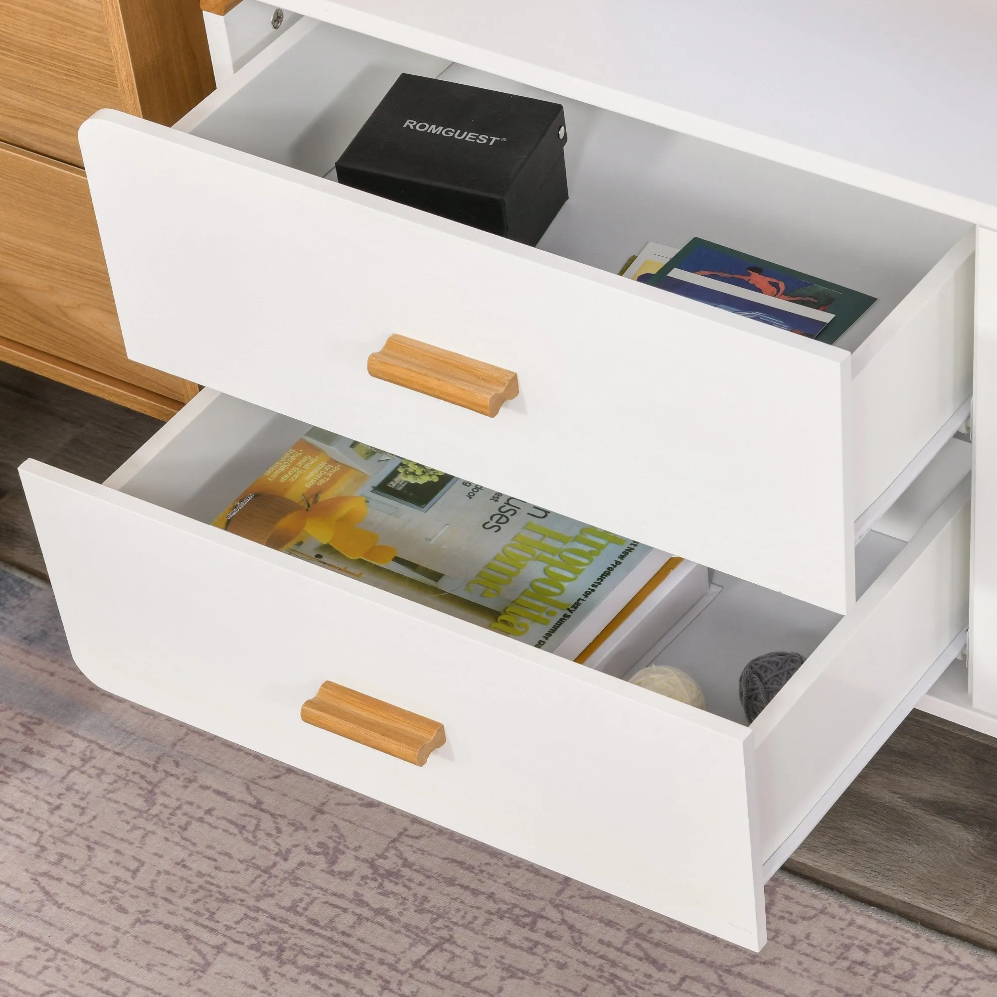 Modern TV Stand for TVs up to 45'' Flat Screen with Bamboo Legs, TV Console Cabinet with Drawers and Cupboard, Cable Hole, Home Entertainment Center, Living Room Bedroom and Office, White Center