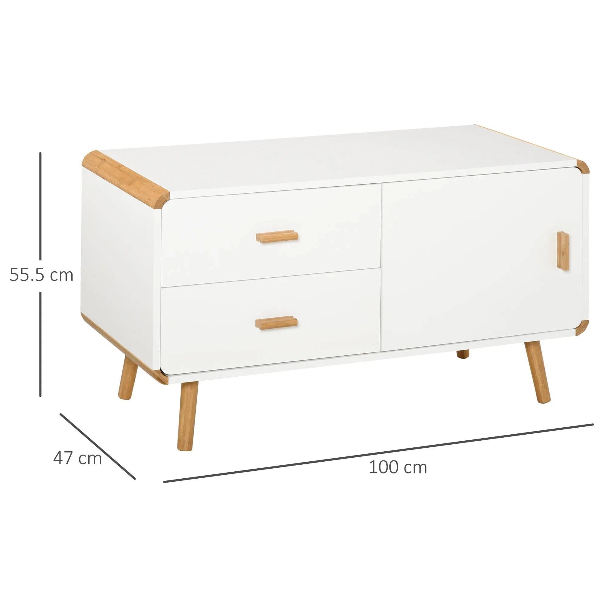 Modern TV Stand for TVs up to 45'' Flat Screen with Bamboo Legs, TV Console Cabinet with Drawers and Cupboard, Cable Hole, Home Entertainment Center, Living Room Bedroom and Office, White Center