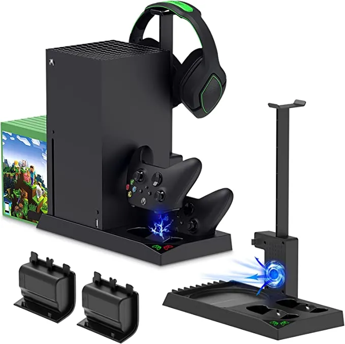 New sealed Charging Stand with Cooling Fan for Xbox Series X Console & Controller,Vertical Dual Charger Station Dock Accessories with 2x 1400mAh Rechargeable Battery & Cover,Headset Stand & 10 Game Slots (Black)