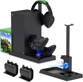 New sealed Charging Stand with Cooling Fan for Xbox Series X Console & Controller,Vertical Dual Charger Station Dock Accessories with 2x 1400mAh Rechargeable Battery & Cover,Headset Stand & 10 Game Slots (Black)