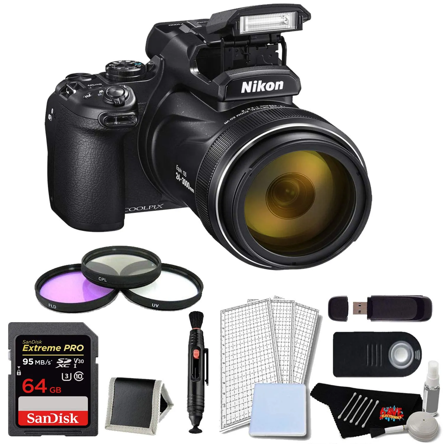 Basic Bundle of Nikon Coolpix P1000 Digital Camera with 64GB Memory Card and Filter Kit - International Model