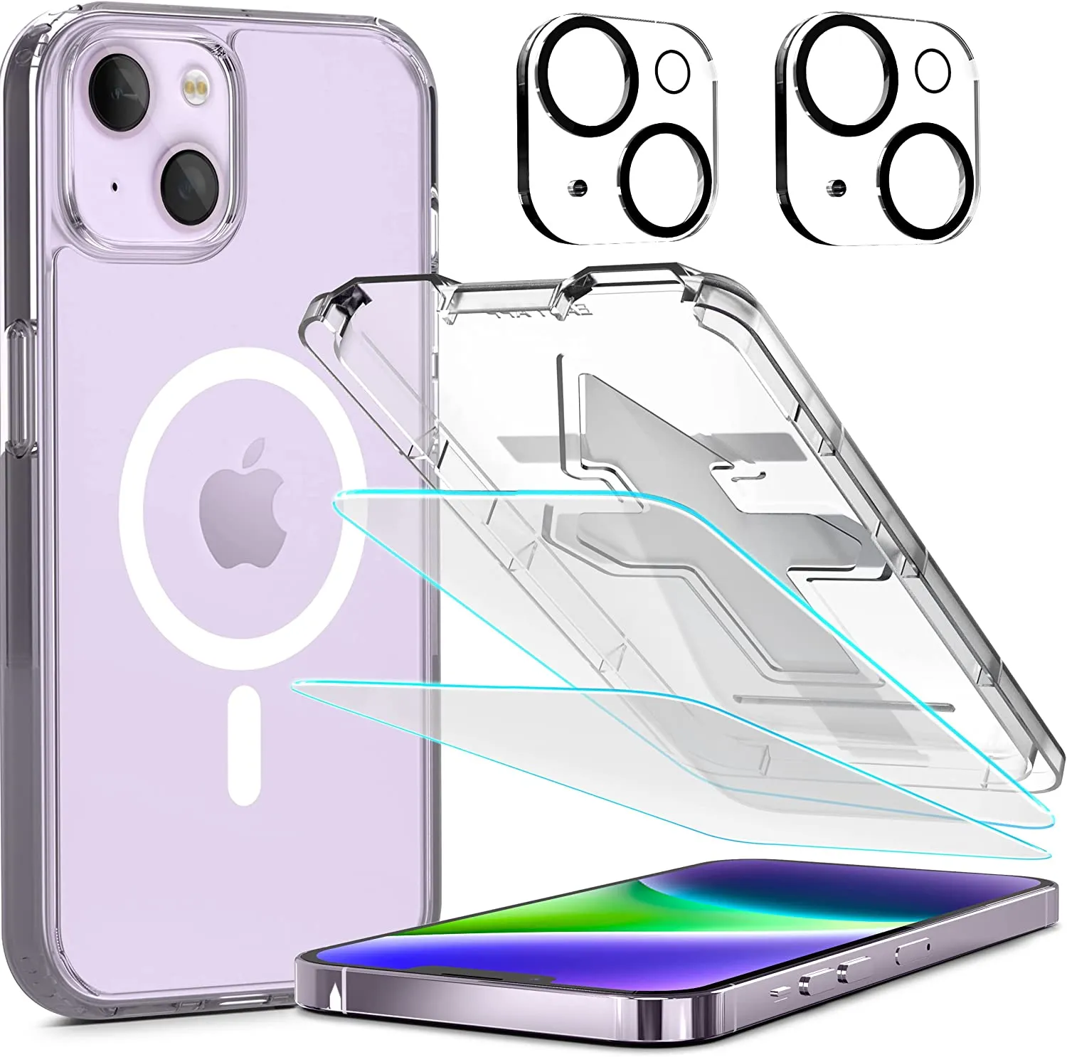 Power Theory [5 in 1] Designed for iPhone 14 Plus Clear Case with Screen Protectors, Lens Protectors and Easy Install Kit [Compatible with Magsafe]…