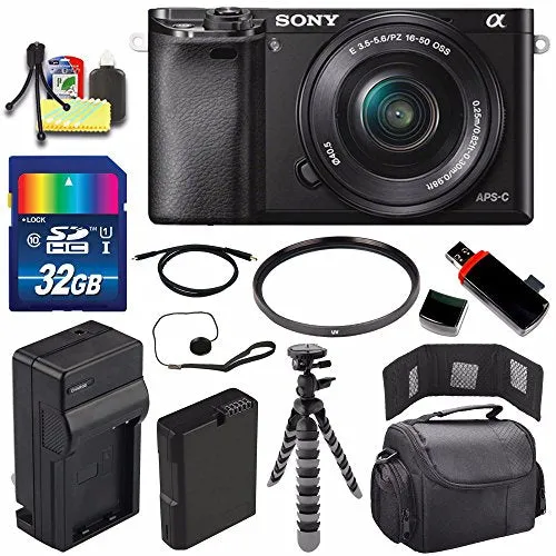 Sony Alpha a6000 Mirrorless Digital Camera with 16-50mm Lens (Black)   Battery   Charger   32GB Bundle 2 - International