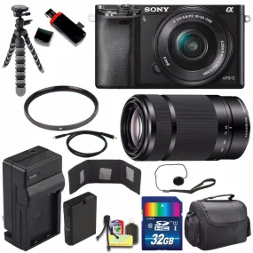 Sony Alpha a6000 Mirrorless Digital Camera with 16-50mm Lens (Black)   Sony E 55-210mm f/4.5-6.3 OSS E-Mount Lens 32GB Advanced Bundle