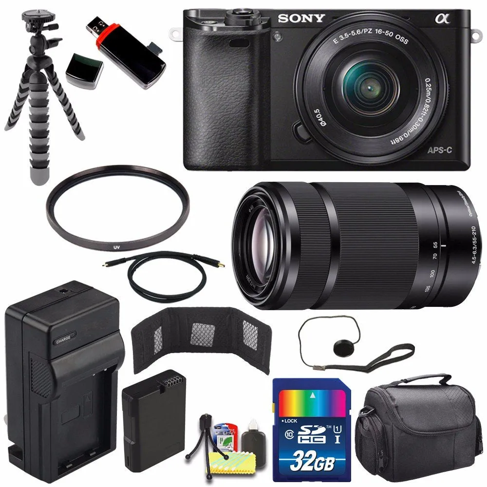 Sony Alpha a6000 Mirrorless Digital Camera with 16-50mm Lens (Black)   Sony E 55-210mm f/4.5-6.3 OSS E-Mount Lens 32GB Advanced Bundle