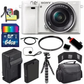 Sony Alpha a6000 Mirrorless Digital Camera with 16-50mm Lens (White)   Battery   Charger   64GB Bundle 3 - International