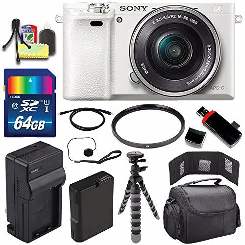 Sony Alpha a6000 Mirrorless Digital Camera with 16-50mm Lens (White)   Battery   Charger   64GB Bundle 3 - International