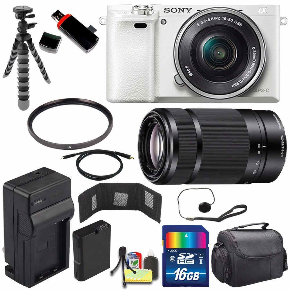 Sony Alpha a6000 Mirrorless Digital Camera with 16-50mm Lens (White)   Sony E 55-210mm f/4.5-6.3 OSS E-Mount Lens 16GB Advanced Bundle