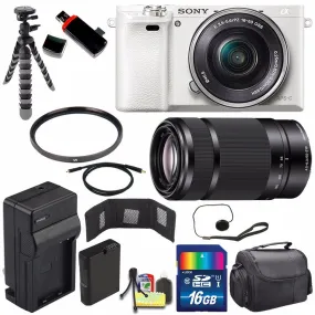 Sony Alpha a6000 Mirrorless Digital Camera with 16-50mm Lens (White)   Sony E 55-210mm f/4.5-6.3 OSS E-Mount Lens 16GB Advanced Bundle