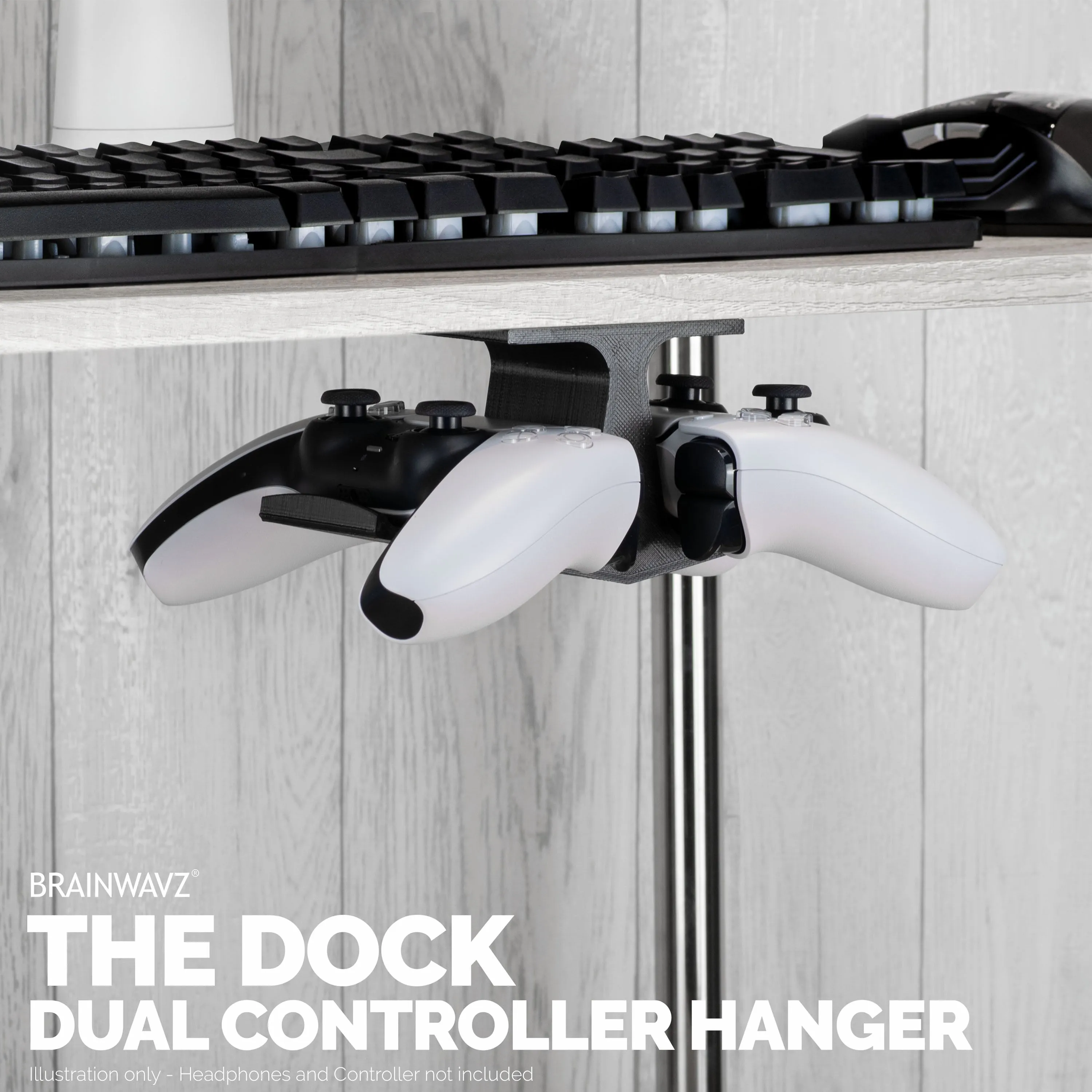 The Dock - Dual Under Desk Game Controller Hanger for Xbox, PS5/PS4, Universal Mount, No Mess & Easy to Install
