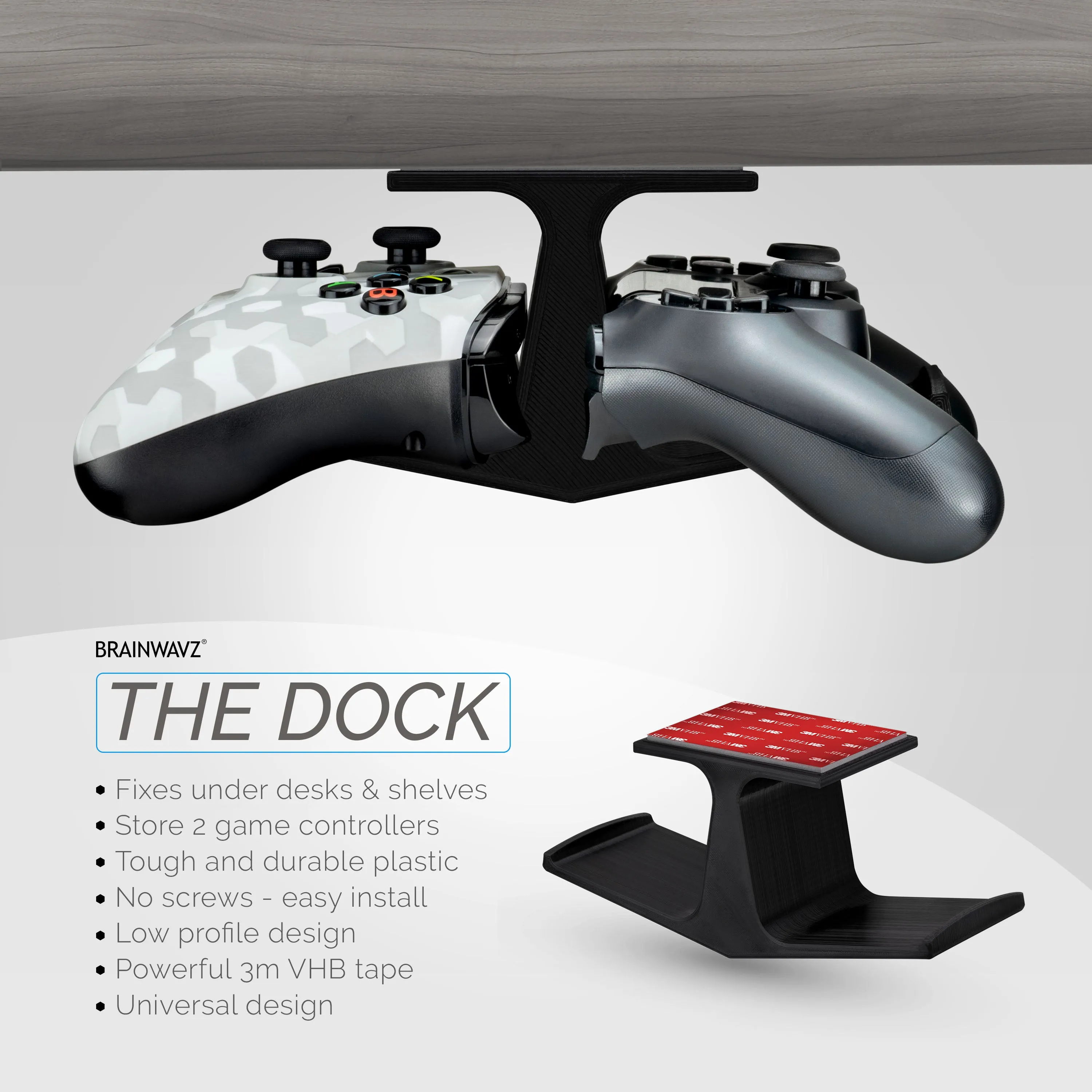 The Dock - Dual Under Desk Game Controller Hanger for Xbox, PS5/PS4, Universal Mount, No Mess & Easy to Install