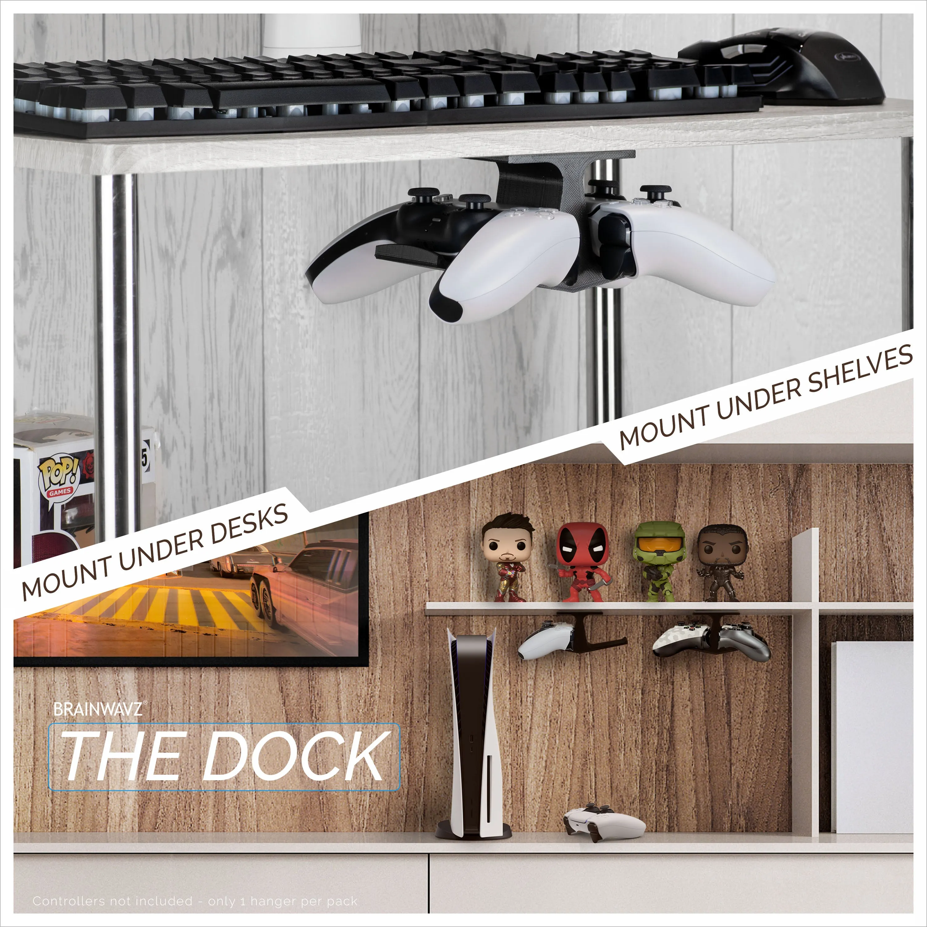 The Dock - Dual Under Desk Game Controller Hanger for Xbox, PS5/PS4, Universal Mount, No Mess & Easy to Install