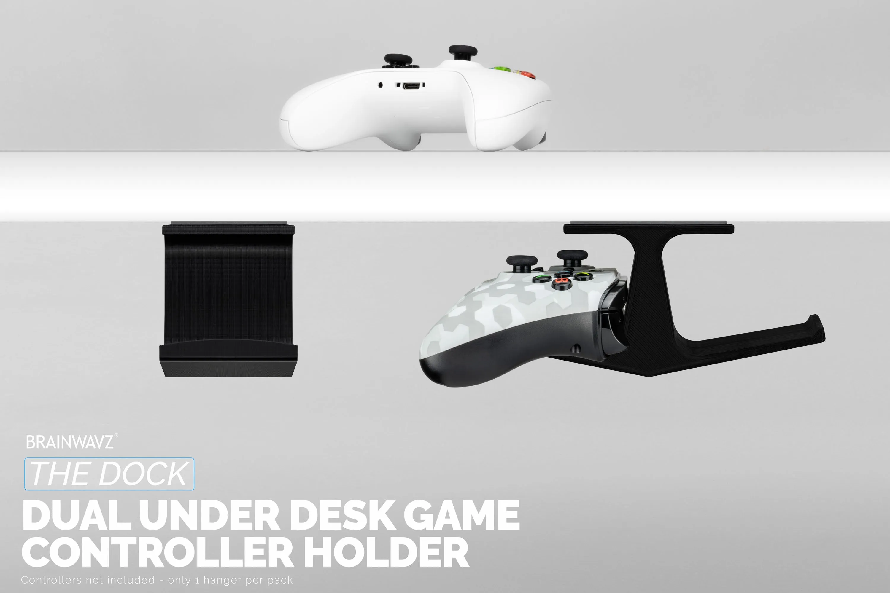 The Dock - Dual Under Desk Game Controller Hanger for Xbox, PS5/PS4, Universal Mount, No Mess & Easy to Install