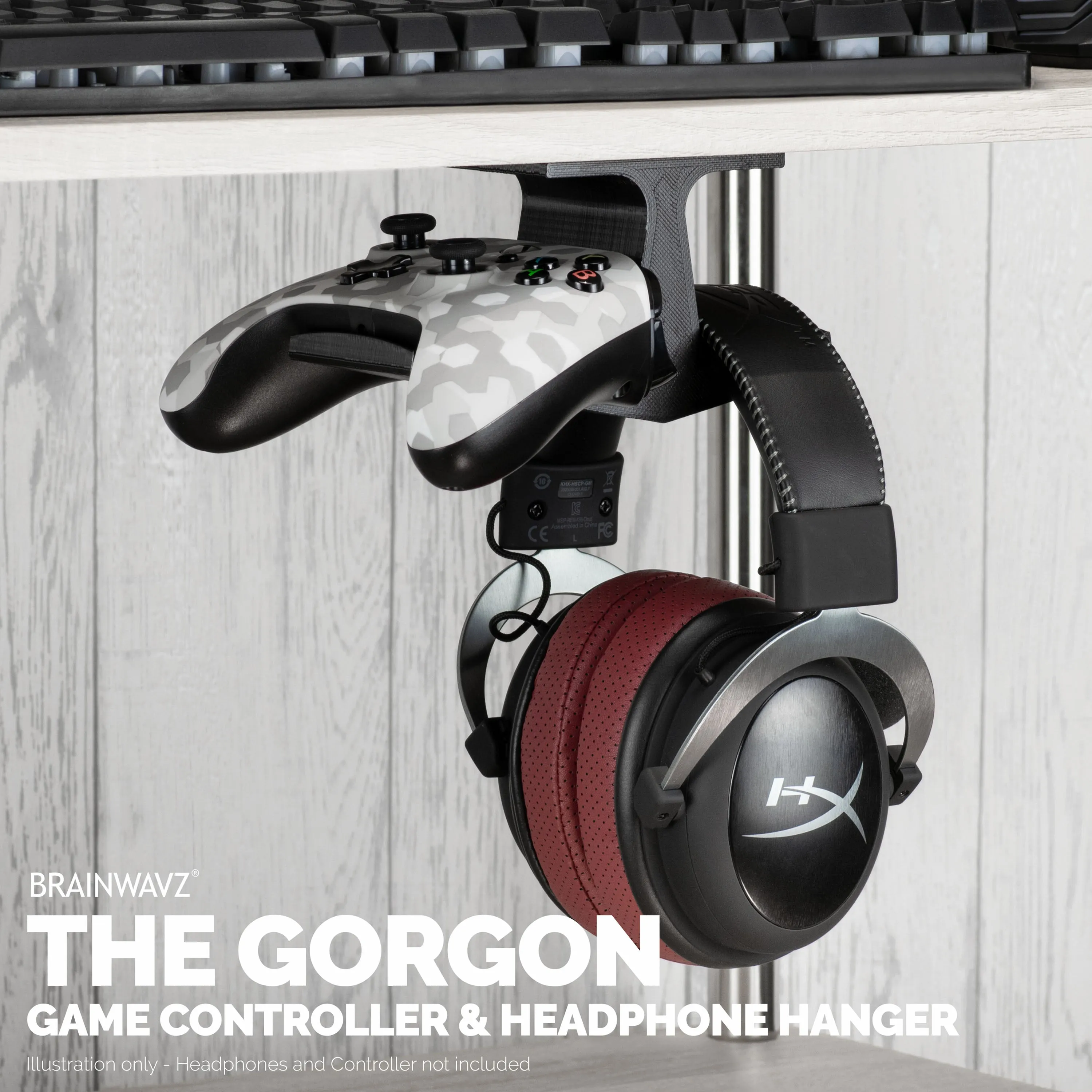 The Gorgon - Under Desk Headphone & Game Controller Hanger Mount - Suitable for Xbox, PS5/PS4, Universal Adhesive Mount, No Screws