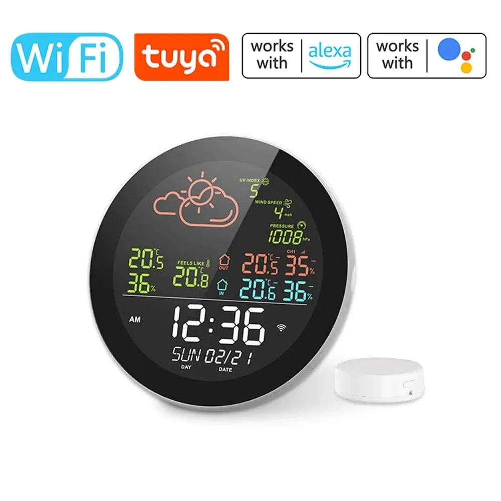 Tuya Wifi Weather Station Color Digital Display Weather Forecast Table Clock Outdoor Indoor Temperature Tester Hygrometer