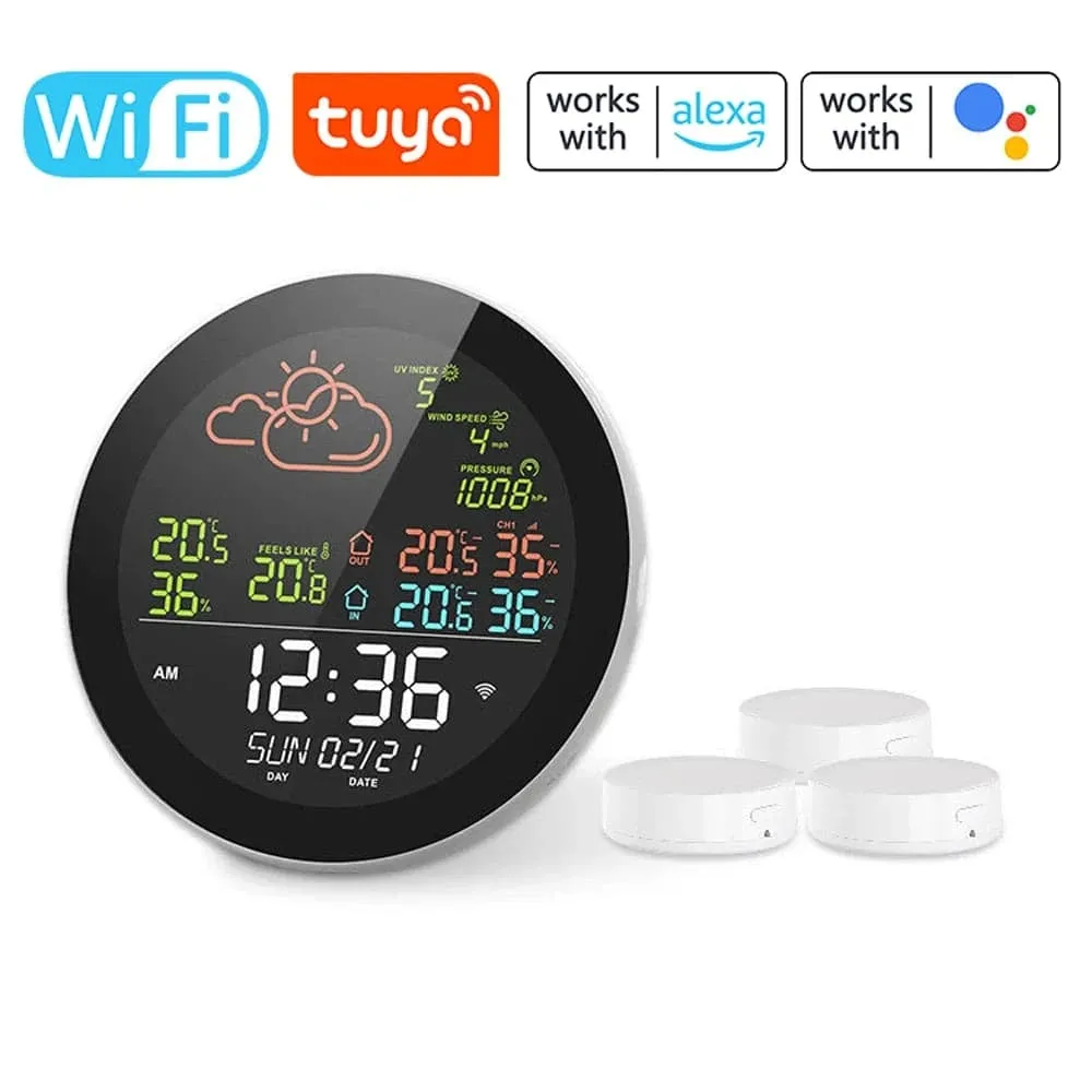 Tuya Wifi Weather Station Color Digital Display Weather Forecast Table Clock Outdoor Indoor Temperature Tester Hygrometer