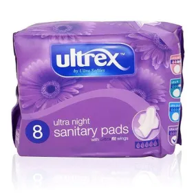 Ultrex Ultra Night Sanitary Pads with Wings 8 Pack - Case of 12