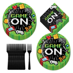 Video Game Party Supplies - Pixelated Gaming Paper Dinner Plates, Lunch Napkins, Forks (Serves 16) Video Game Party Supplies - Pixelated Gaming Paper Dinner Plates, Lunch Napkins, Forks (Serves 16)
