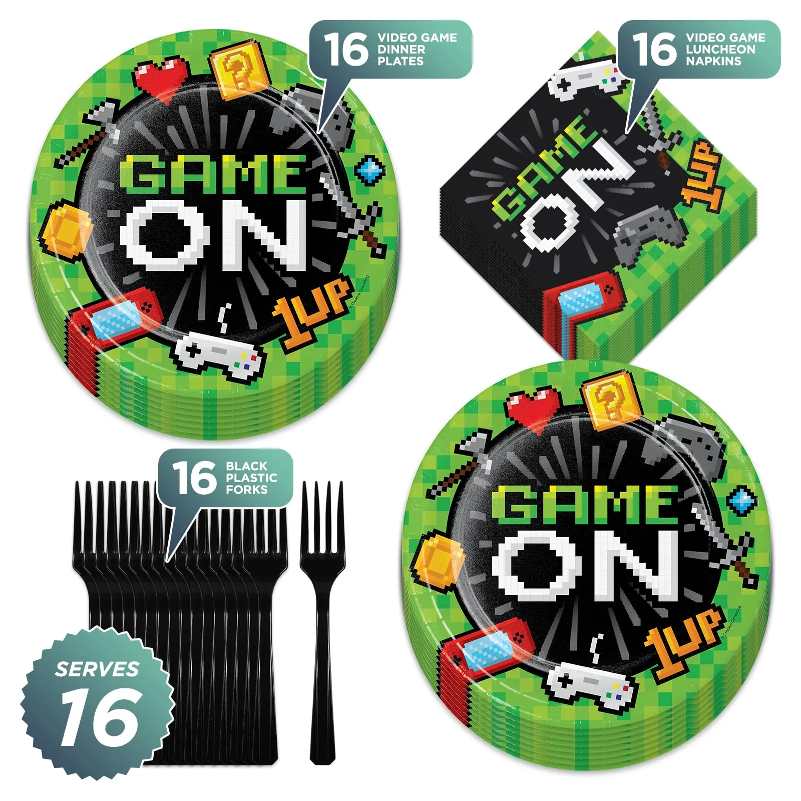 Video Game Party Supplies - Pixelated Gaming Paper Dinner Plates, Lunch Napkins, Forks (Serves 16)