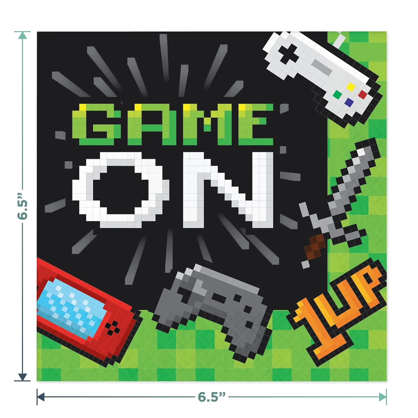 Video Game Party Supplies - Pixelated Gaming Paper Dinner Plates, Lunch Napkins, Forks (Serves 16)
