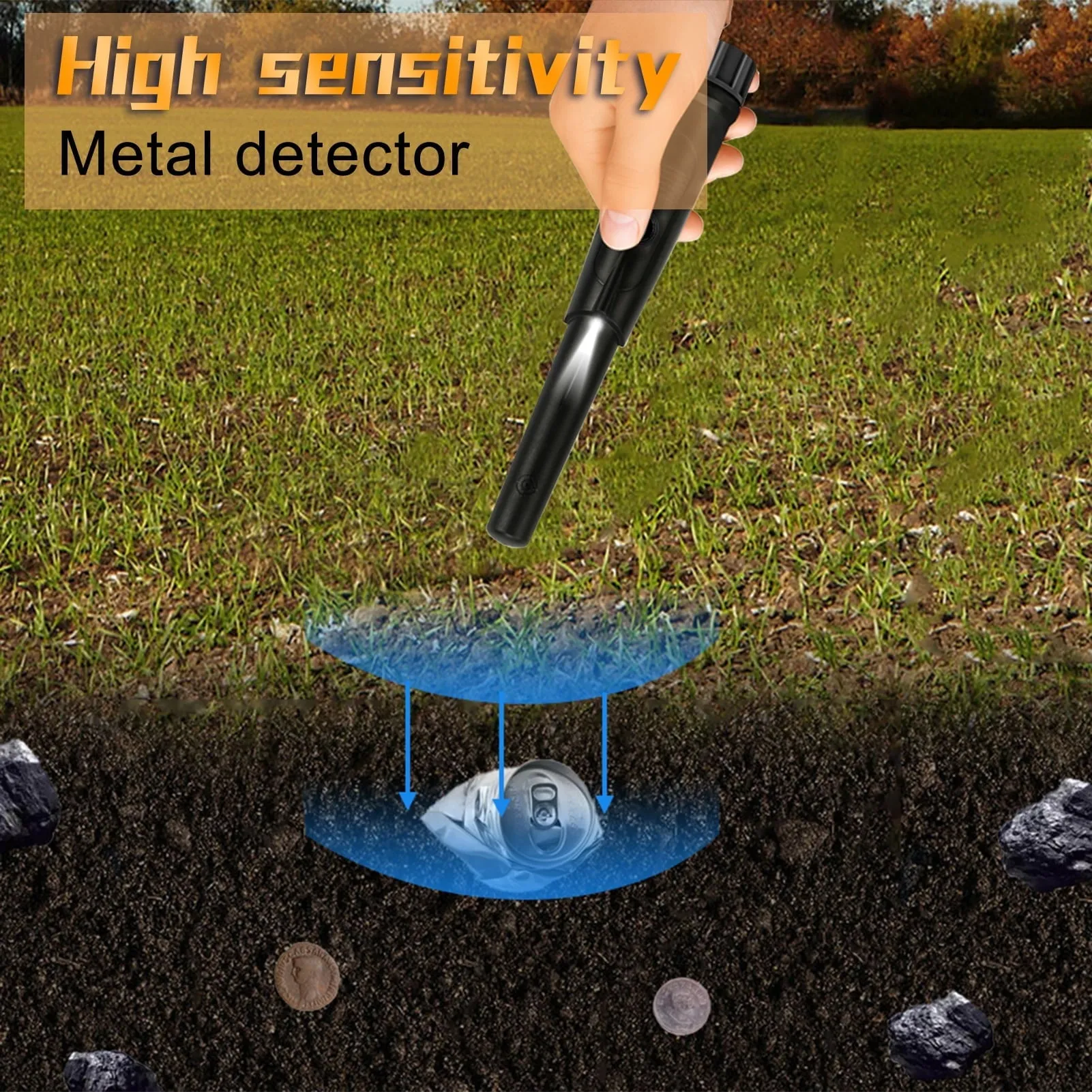Waterproof Metal Detector with Leather Cover, Portable 360 Degree Scan High Sensitivity Tester with LED Light Hand Held Gold Digger Hunter Underground Finder Tool